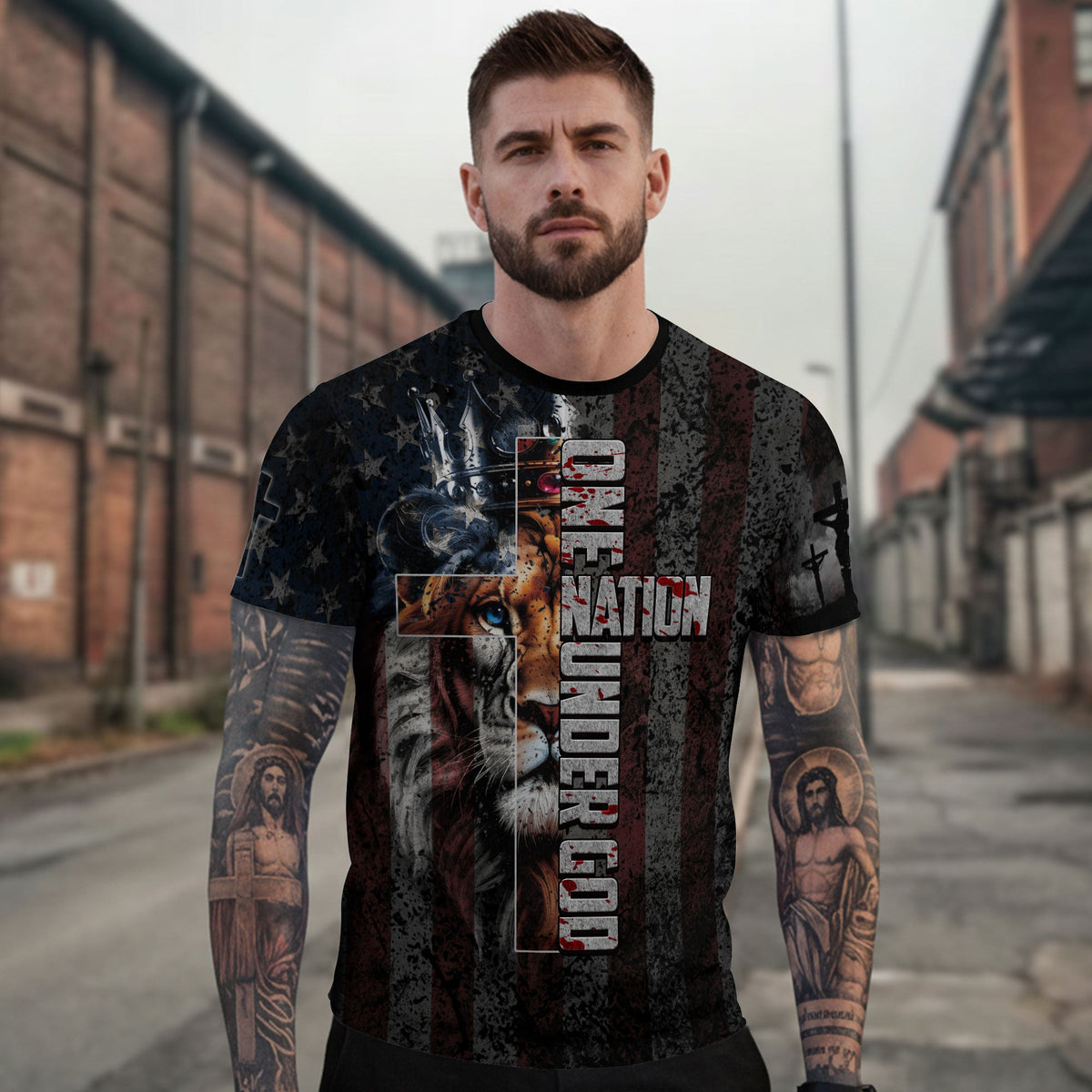 One Nation Under God Lion & Cross Christian T-Shirt