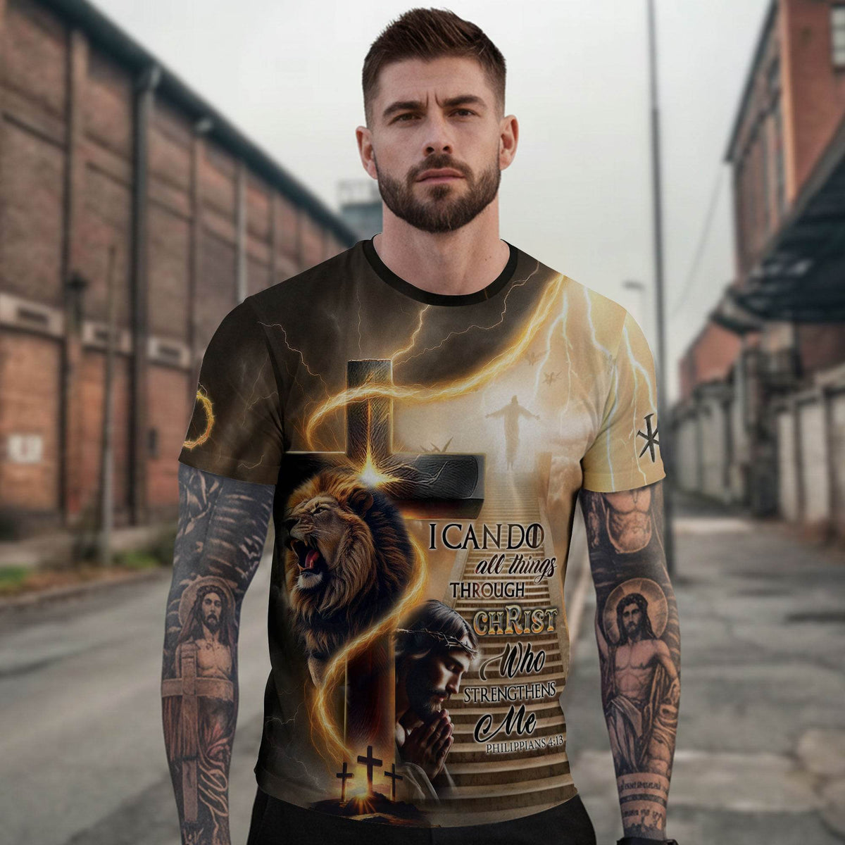 I Can Do All Things Through Christ Lion Cross Lightning T-Shirt