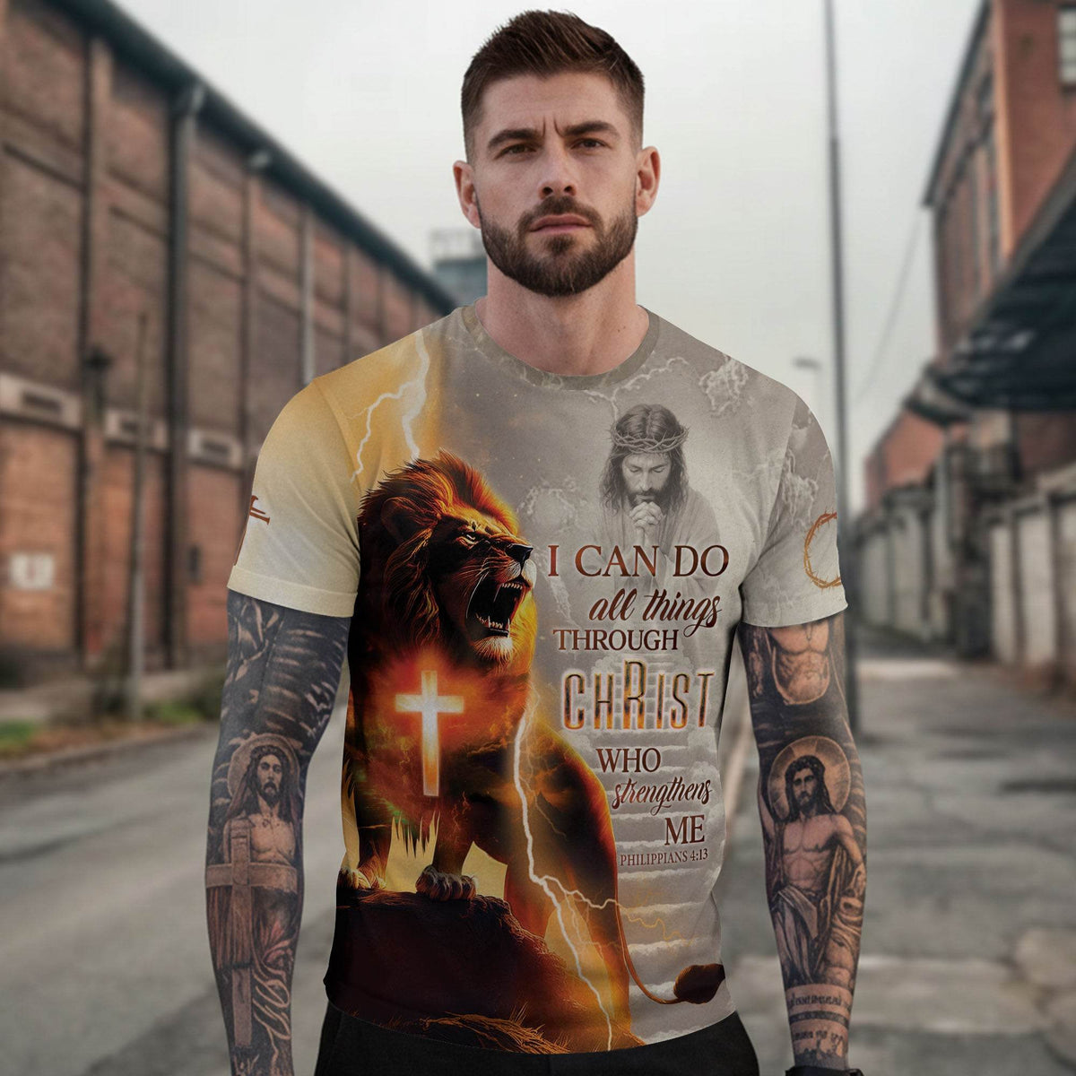 I Can Do All Things Through Christ Lightning Cross & Lion T-Shirt