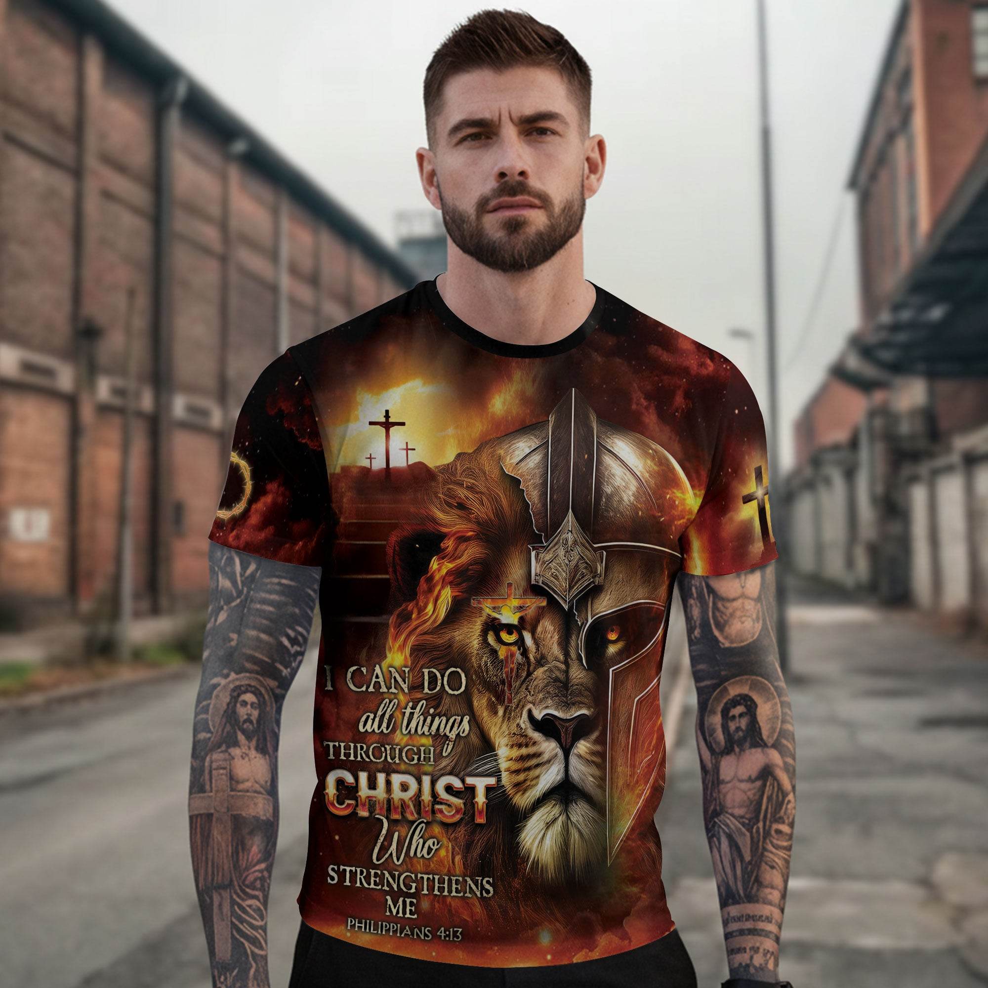 I Can Do All Things Through Christ Lion Warrior Cross T-Shirt