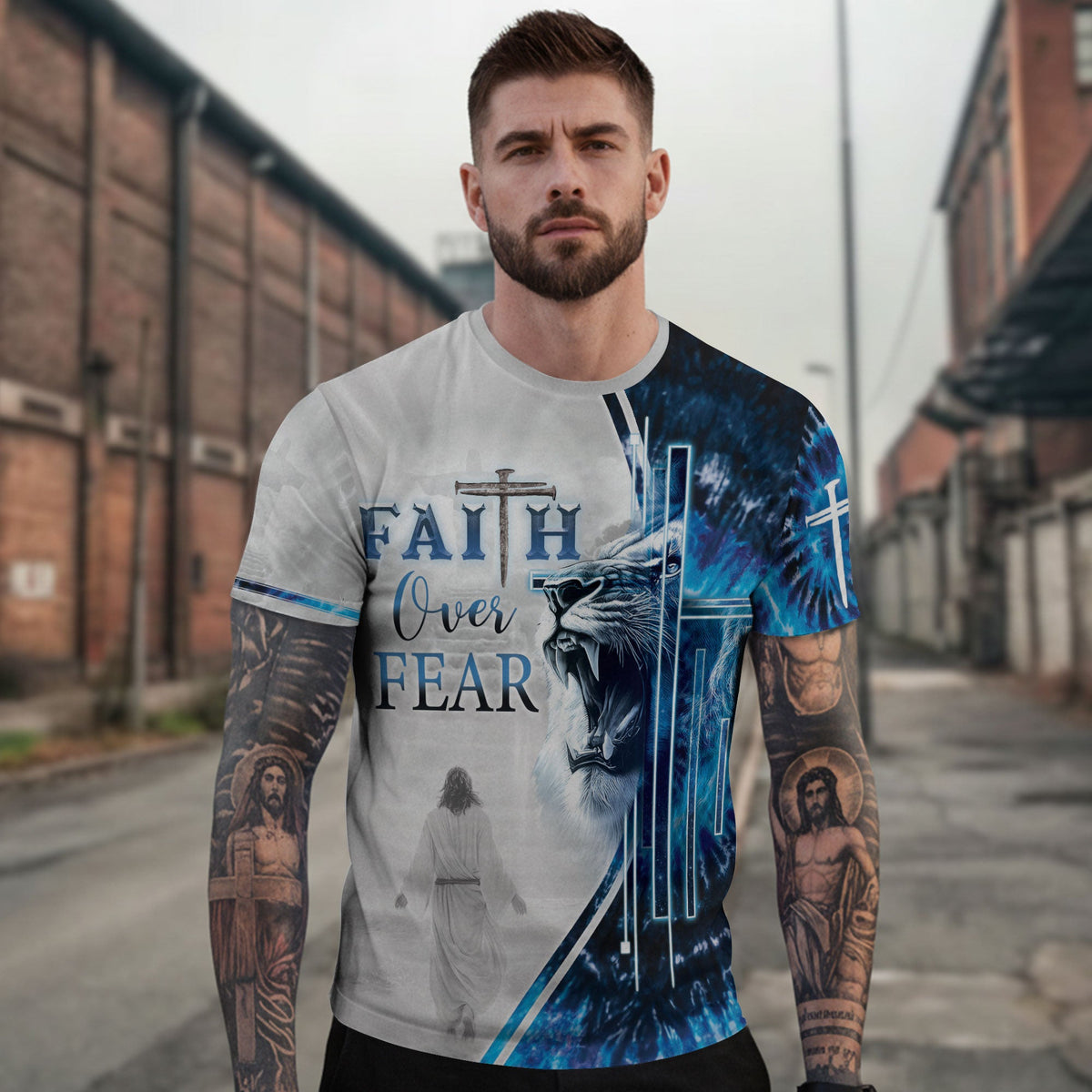 Faith Over Fear Blue Lion & Cross Christian T-Shirt
