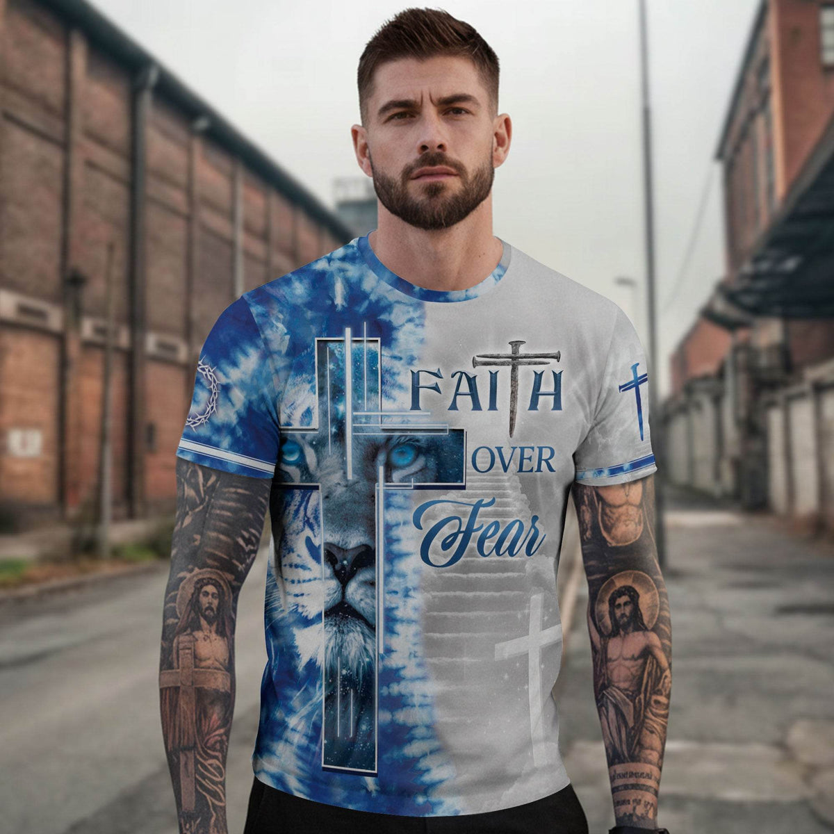 Faith Over Fear Blue Lion Cross Christian T-Shirt