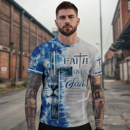 Faith Over Fear Blue Lion Cross Christian T-Shirt