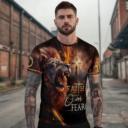 Faith Over Fear Fiery Lion & Cross Christian T-Shirt