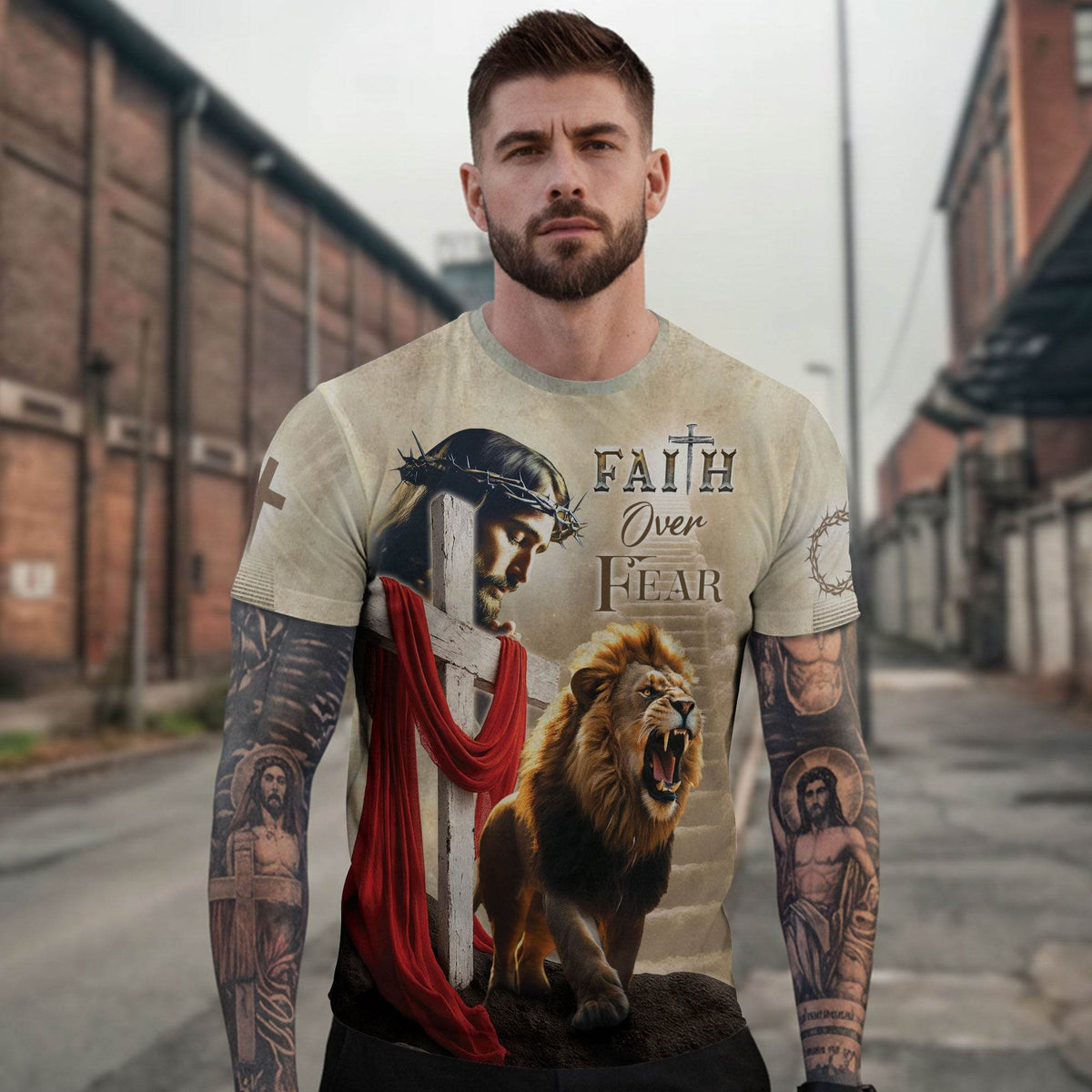 Faith Over Fear Jesus & Lion with Red Drape Christian T-Shirt