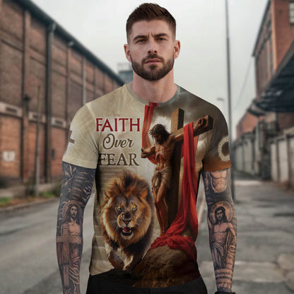 Faith Over Fear Jesus Lion & Cross Christian T-Shirt