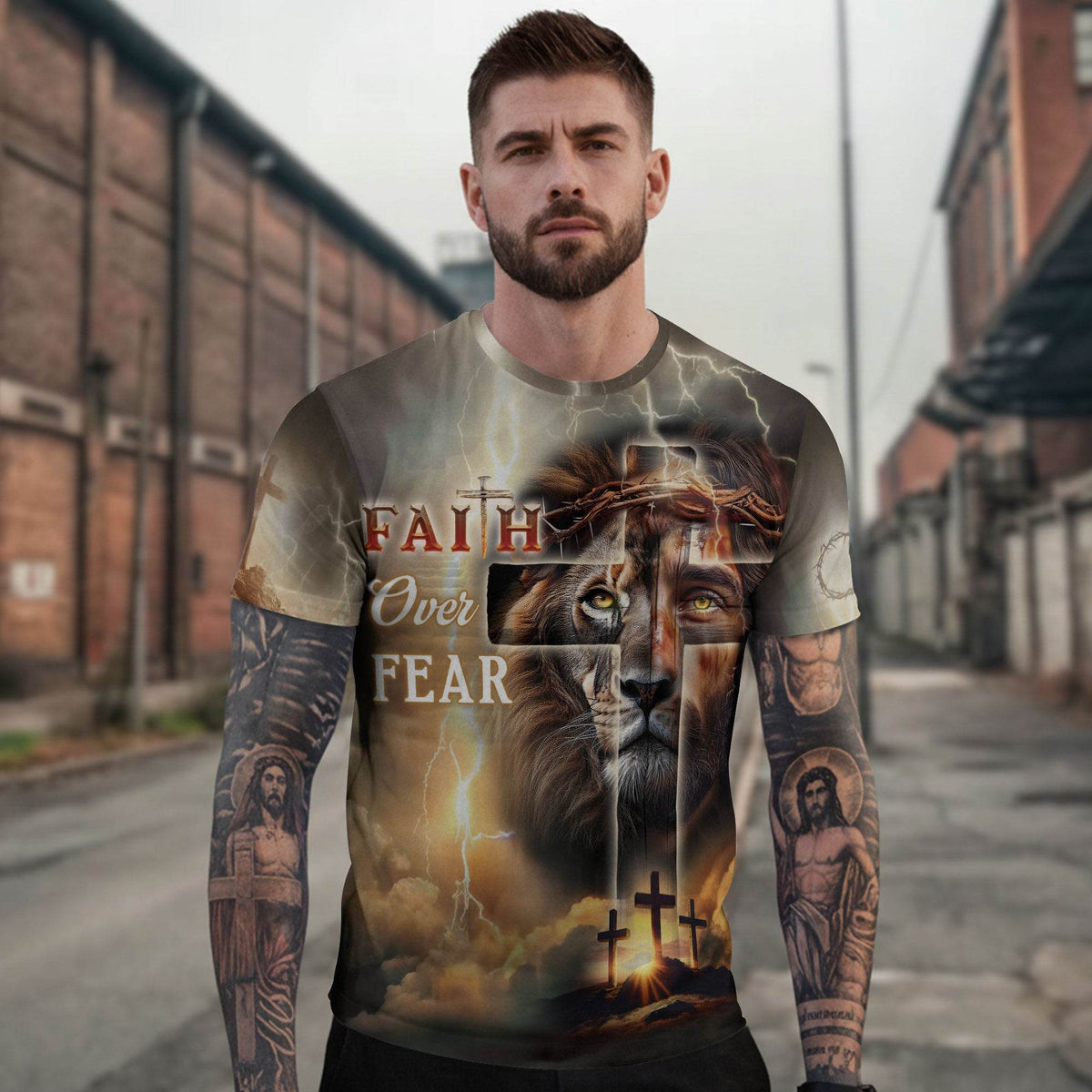 Faith Over Fear Lion & Cross Lightning Christian T-Shirt