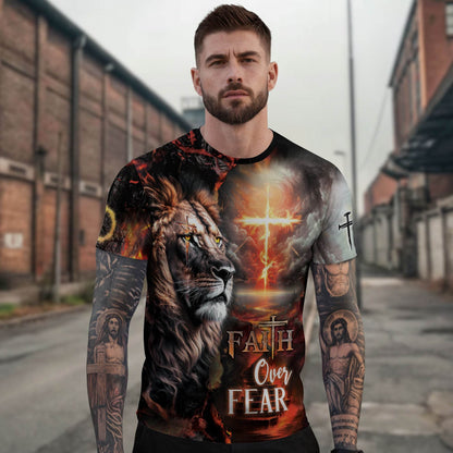 Lion & Fiery Cross Christian T-Shirt – Faith Over Fear Design