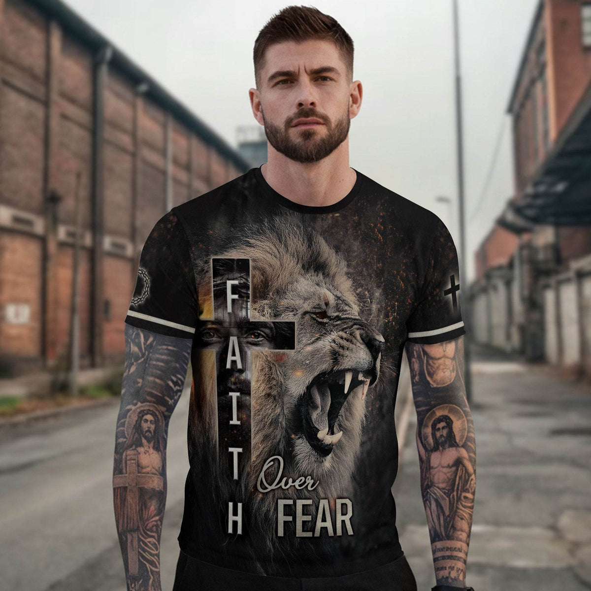 Roaring Lion & Cross Faith Over Fear Christian T-Shirt