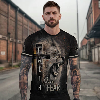 Roaring Lion & Cross Faith Over Fear Christian T-Shirt