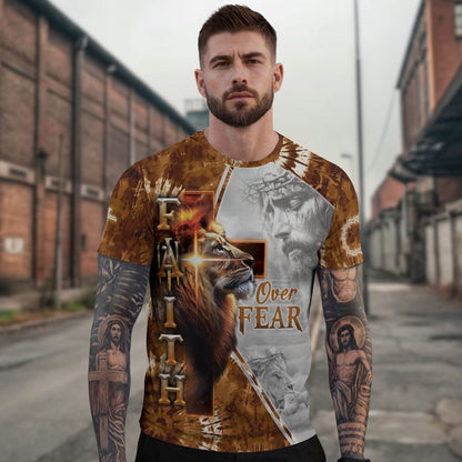 Faith Over Fear Lion & Jesus Cross Christian T-Shirt