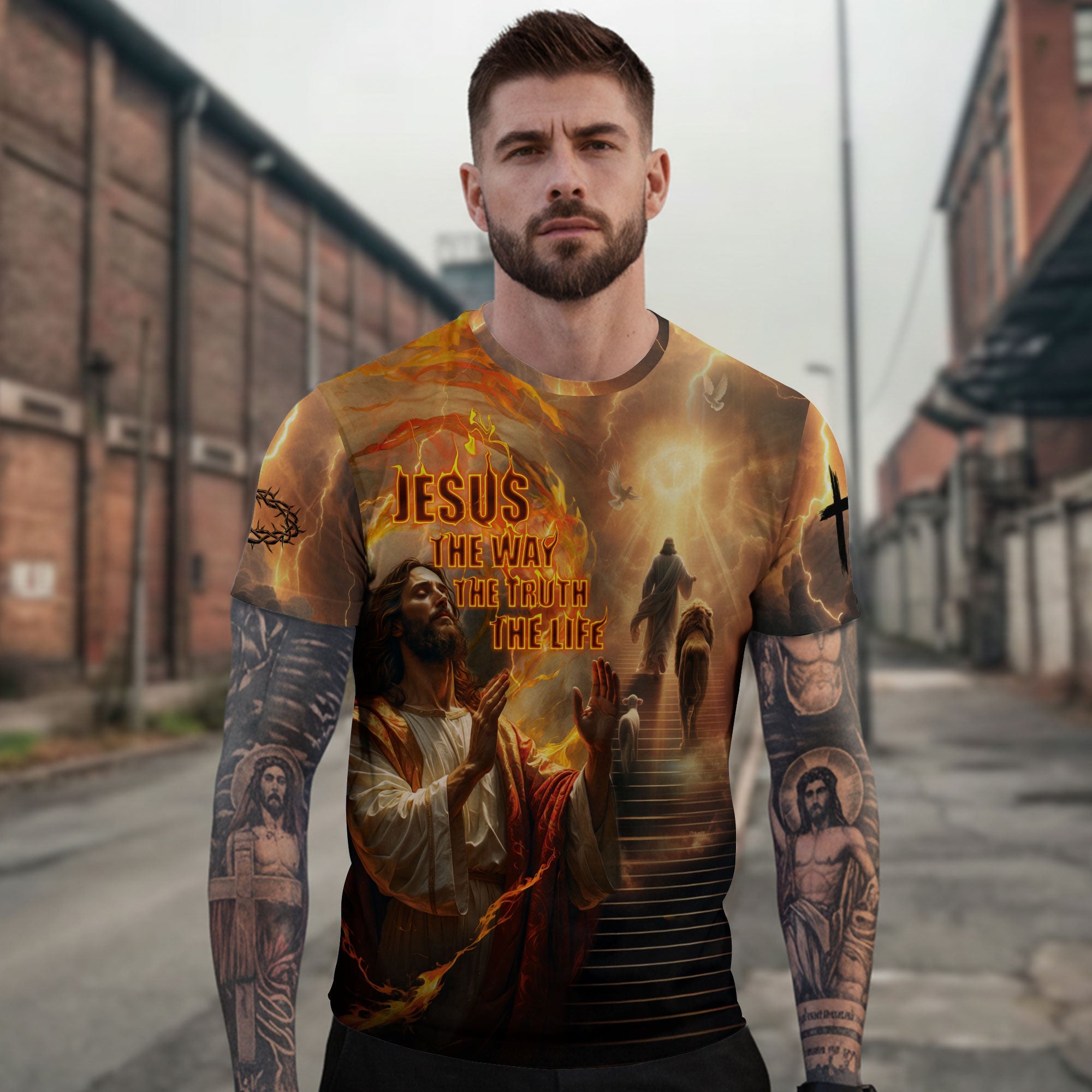 Jesus The Way The Truth The Life Lion and Lamb Fire Christian T-Shirt