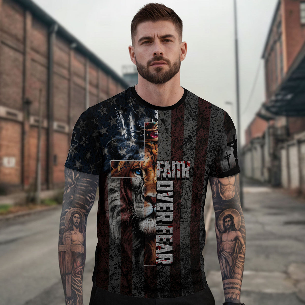 Faith Over Fear Jesus Crown Lion Of Judah American Flag Christian Warrior T-Shirt