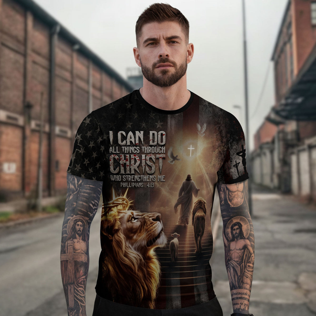 I Can Do All Things Through Christ Lion of Judah American Flag Christian T-Shirt