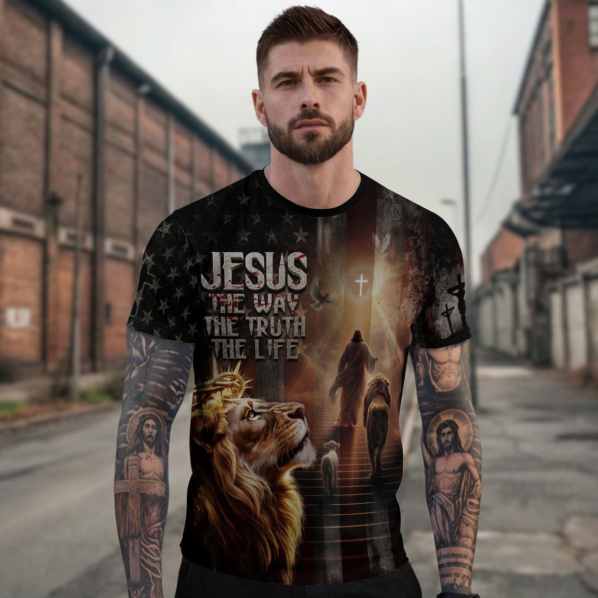 Jesus The Way The Truth The Life Lion of Judah American Flag Christian T-Shirt
