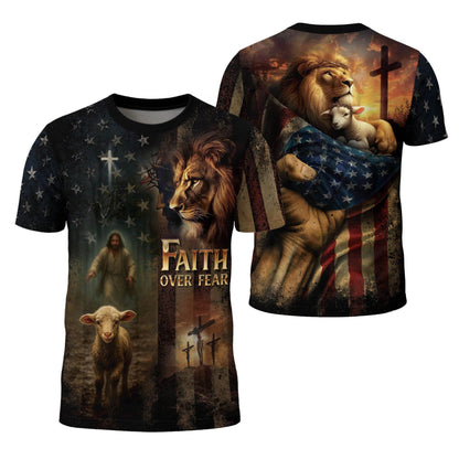 Faith Over Fear Lion & Lamb Christian Cross T-Shirt