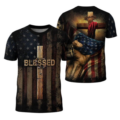 BLESSED | Cross & Crown of Thorns Patriotic Tee