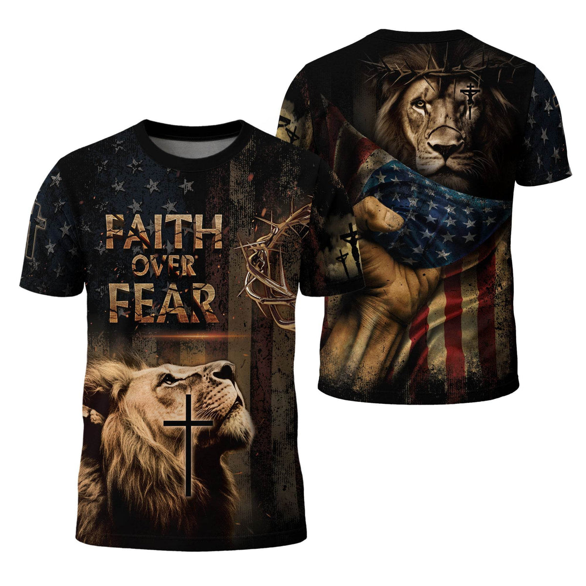 Faith Over Fear | Rugged Cross & Warrior Lion Patriotic Tee