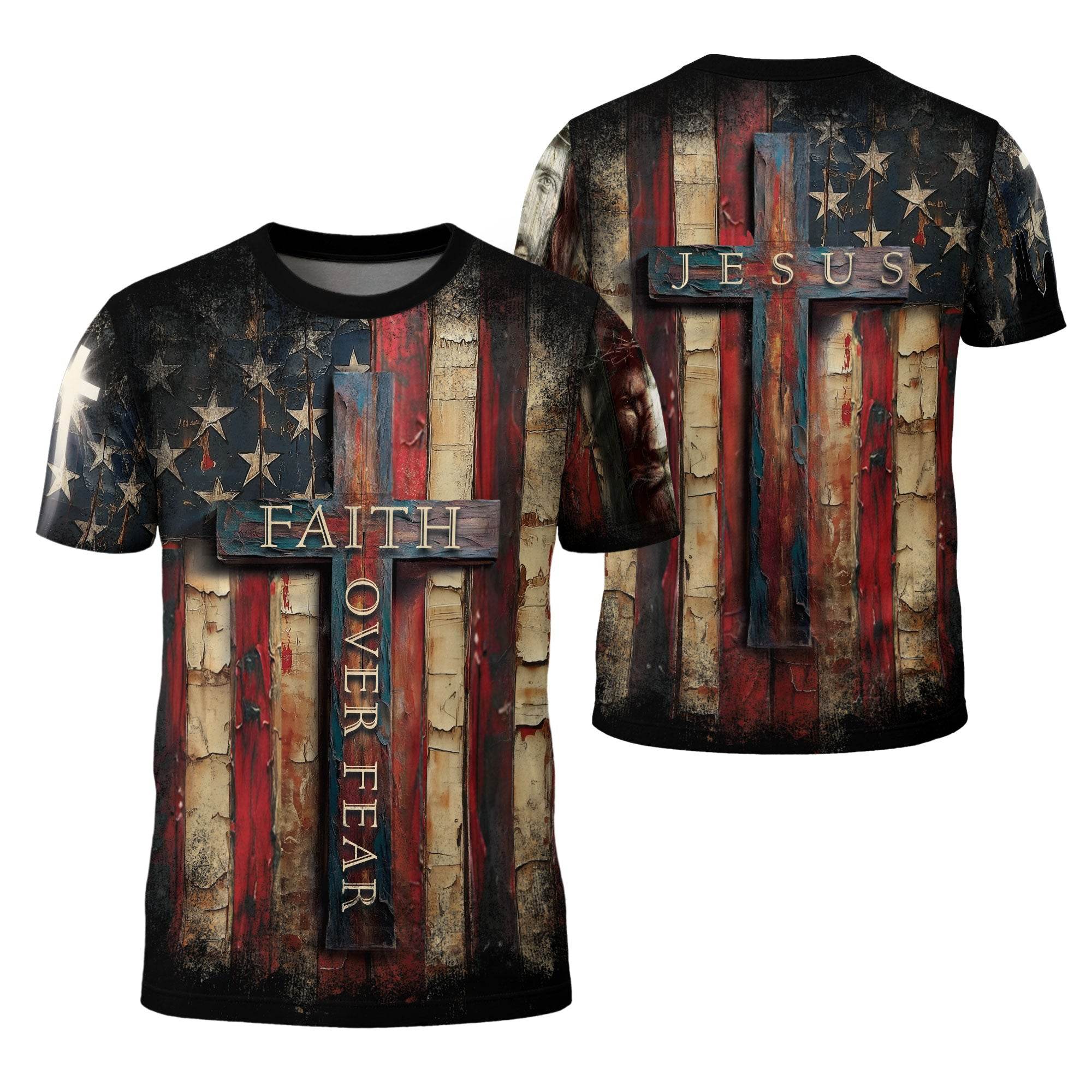 Faith Over Fear Cross Shirt – Rustic American Flag Christian Tee