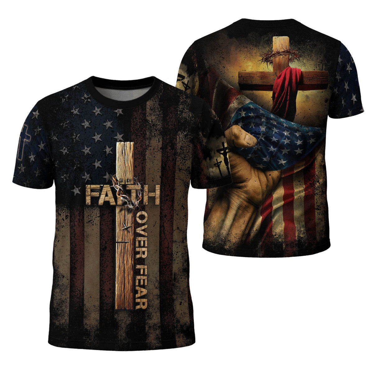 FAITH OVER FEAR | Cross & Crown of Thorns Patriotic Tee
