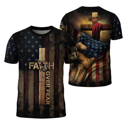 FAITH OVER FEAR | Cross & Crown of Thorns Patriotic Tee