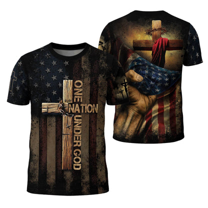 One Nation Under God | Rugged Cross & Crucified Savior Patriotic Tee