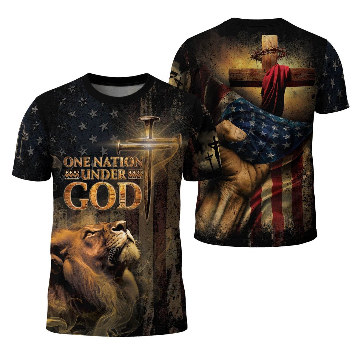 One Nation Under God | Patriotic Christian Tee with Lion & Cross