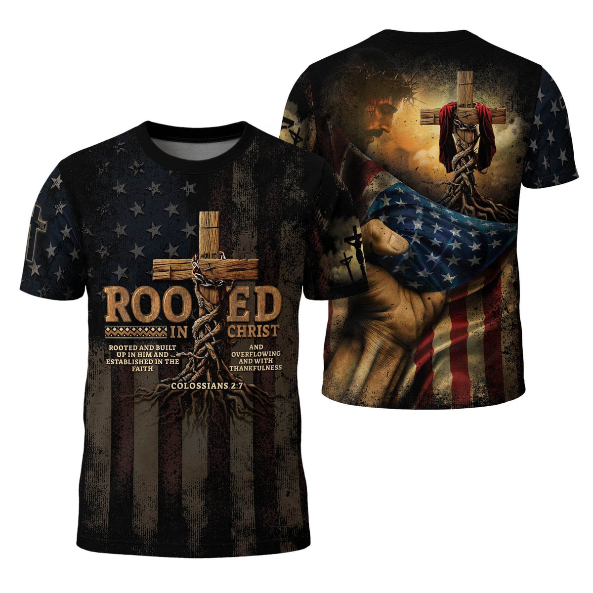 Rooted in Christ | Full Colossians 2:7 Cross & American Flag Tee