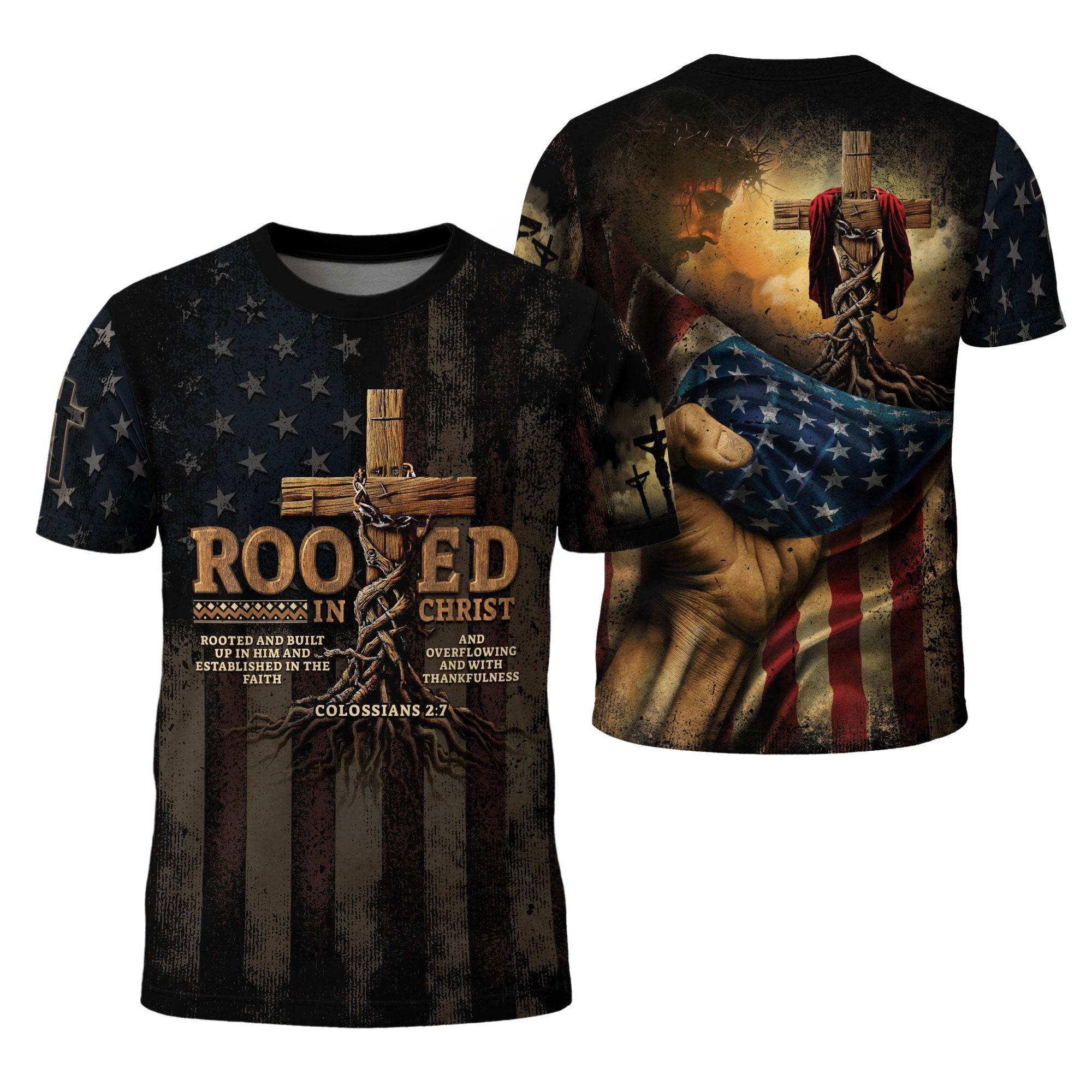 Rooted in Christ | Full Colossians 2:7 Cross & American Flag Tee