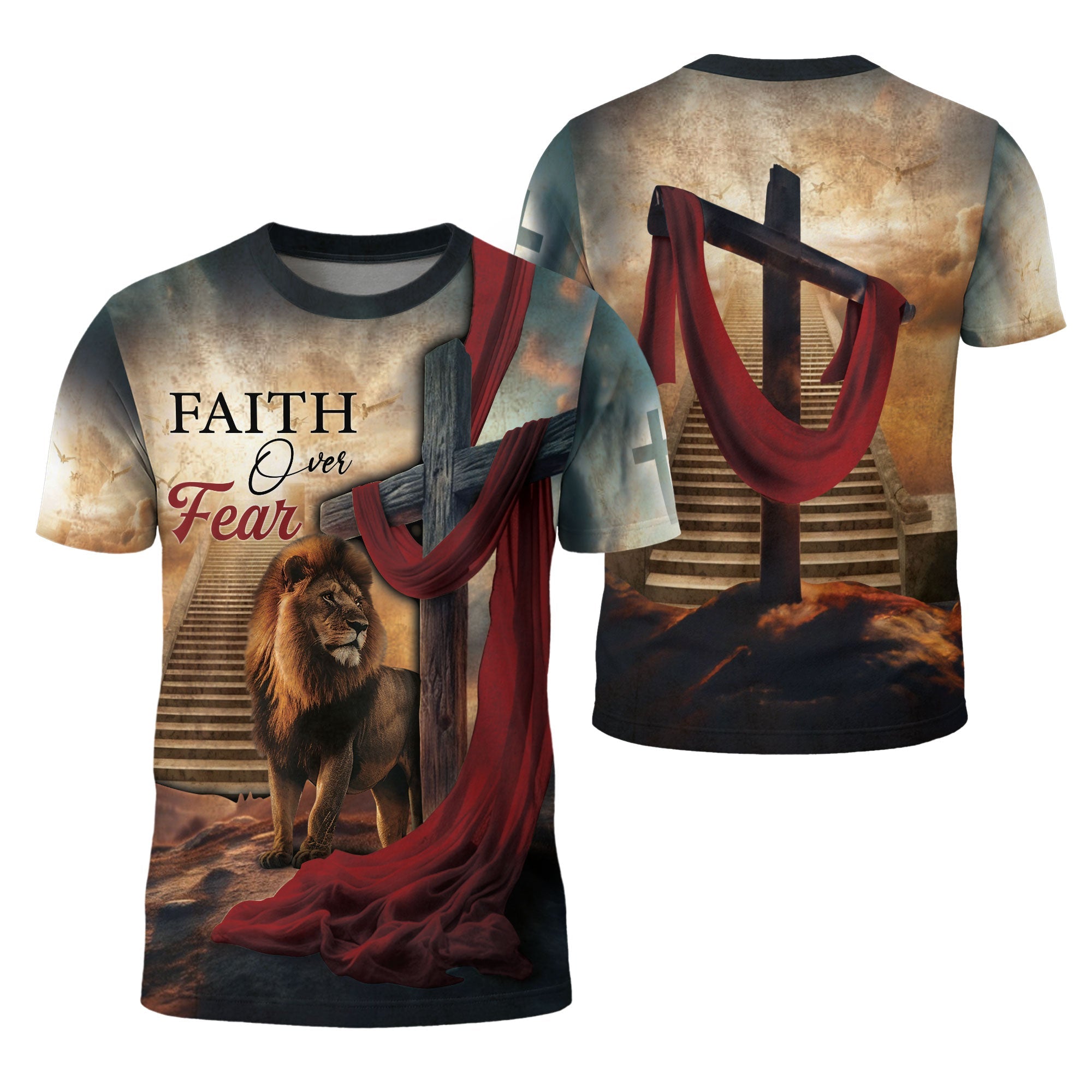 Faith Over Fear with Cross and Lion Draped in Red Robe – Christian T-Shirt
