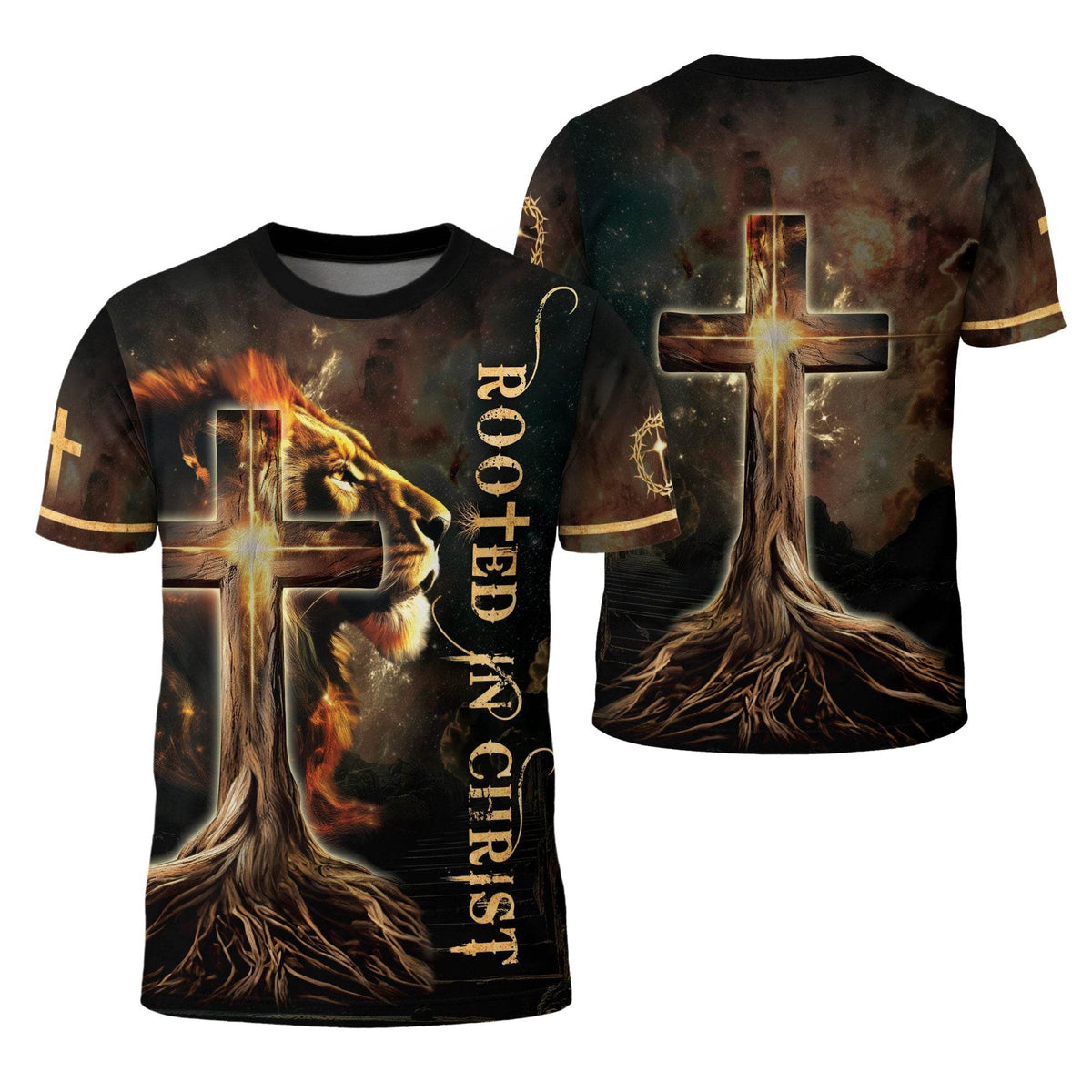 Rooted In The Light Of Christ Lion And Glowing Cross T-Shirt