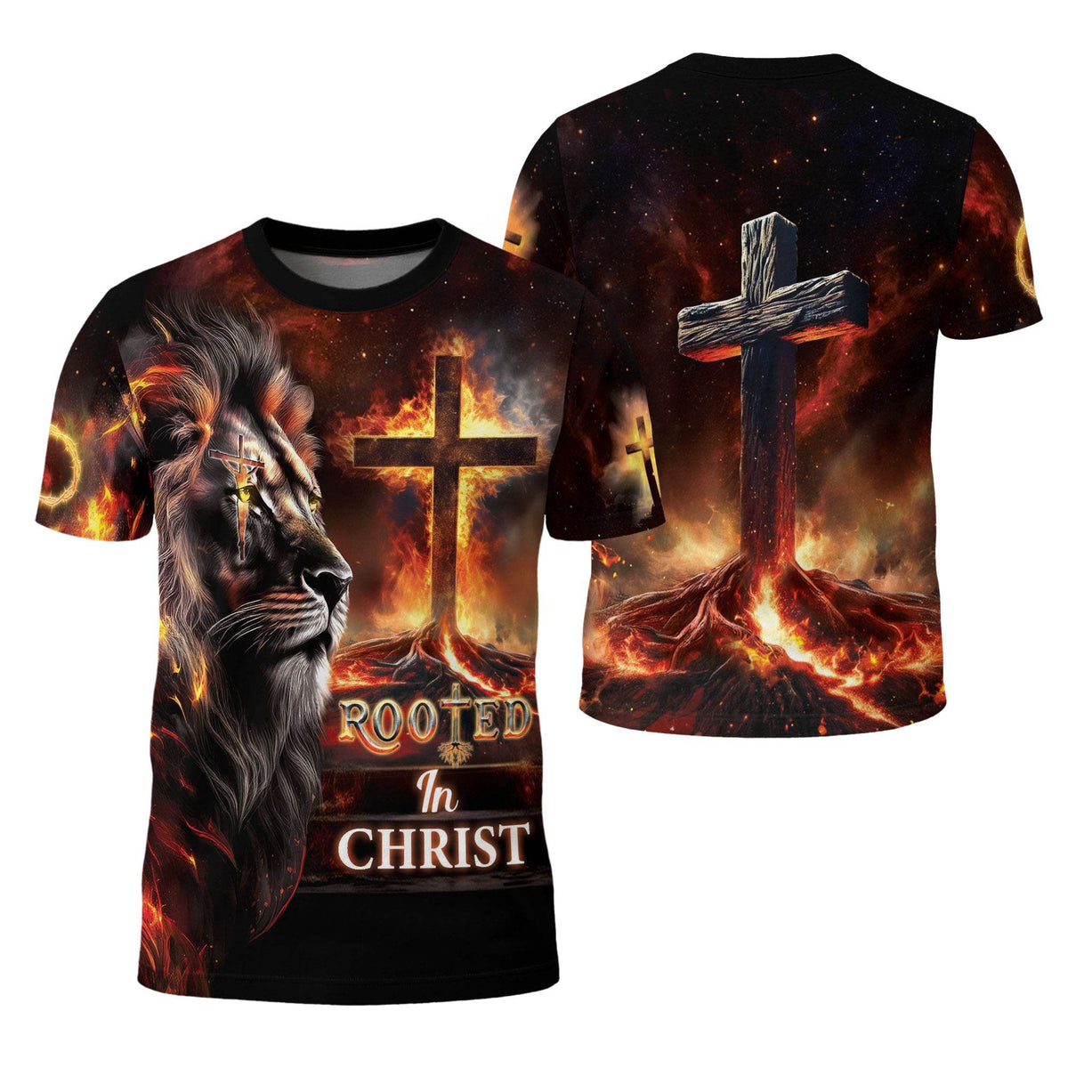 Rooted In Christ The Glowing Rooted Cross And Lion T-Shirt