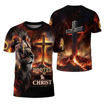 Rooted In Christ The Glowing Rooted Cross And Lion T-Shirt