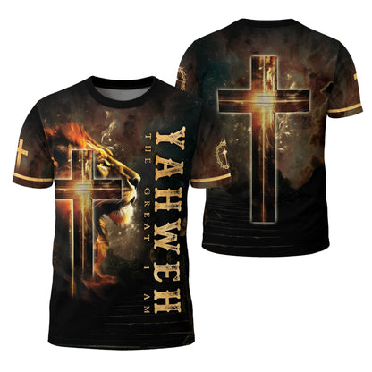 Yahweh The Great I Am Lion and Fiery Cross T-Shirt