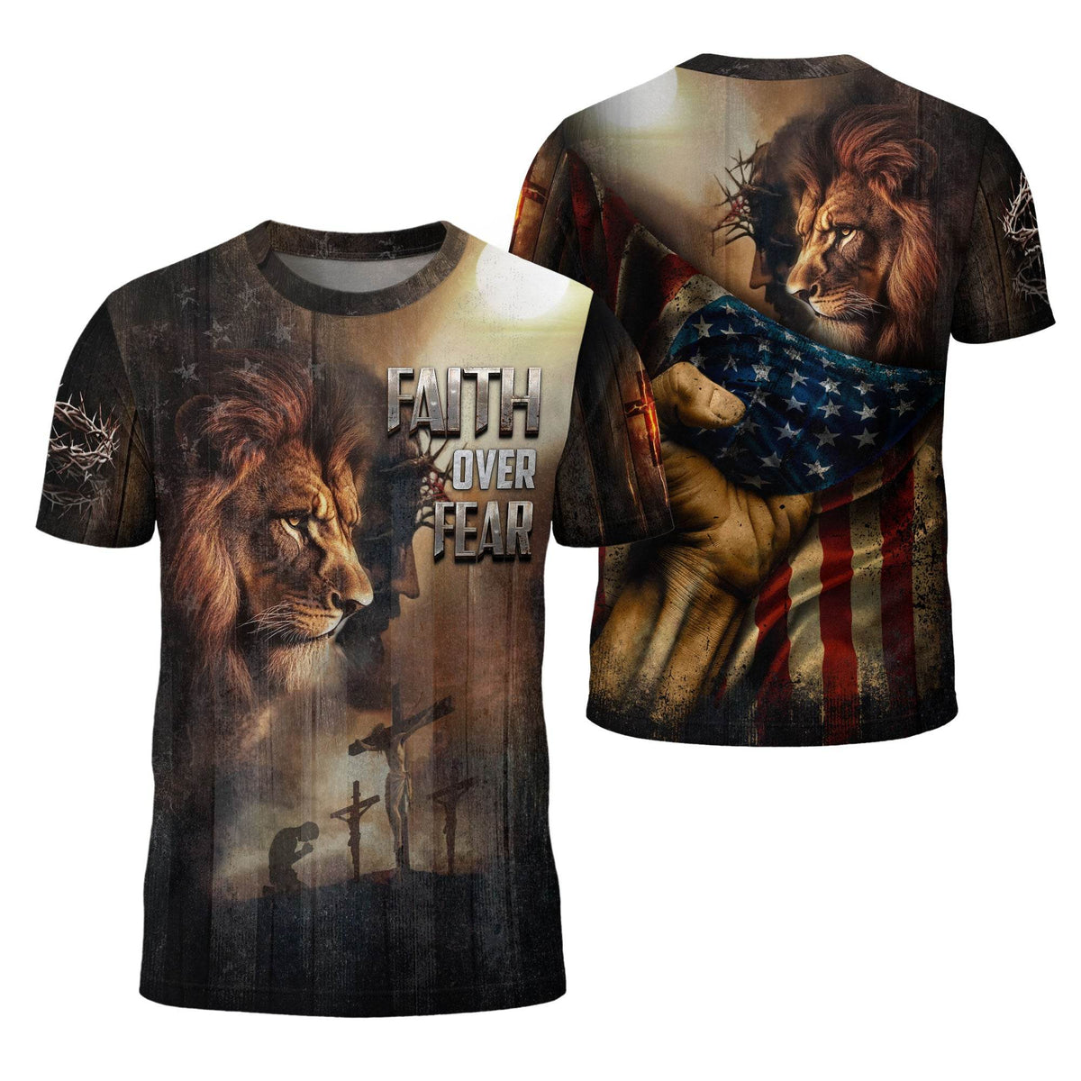 Faith Over Fear Lion & Cross Patriotic T-Shirt