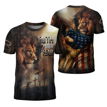 Faith Over Fear Lion & Cross Patriotic T-Shirt