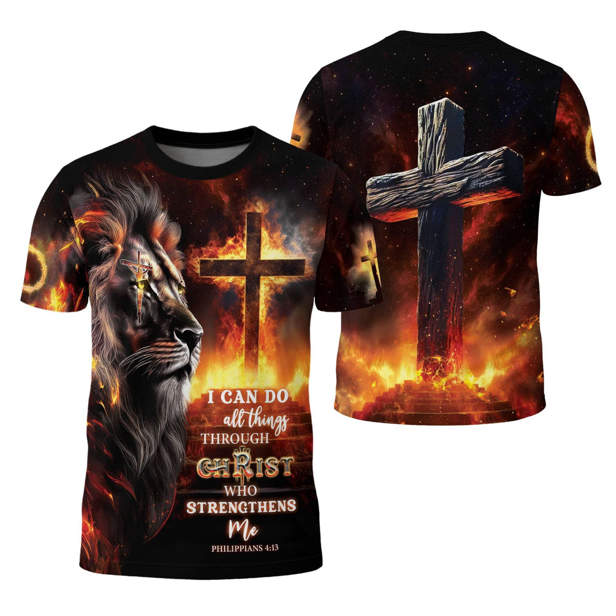 Crucified Lion & Fiery Cross Philippians 4:13 T-Shirt
