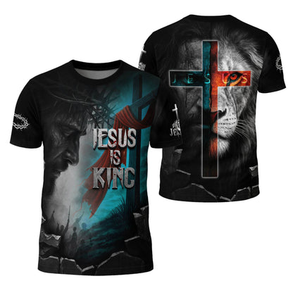 Jesus Is King Lion & Cross Storm Design T-Shirt
