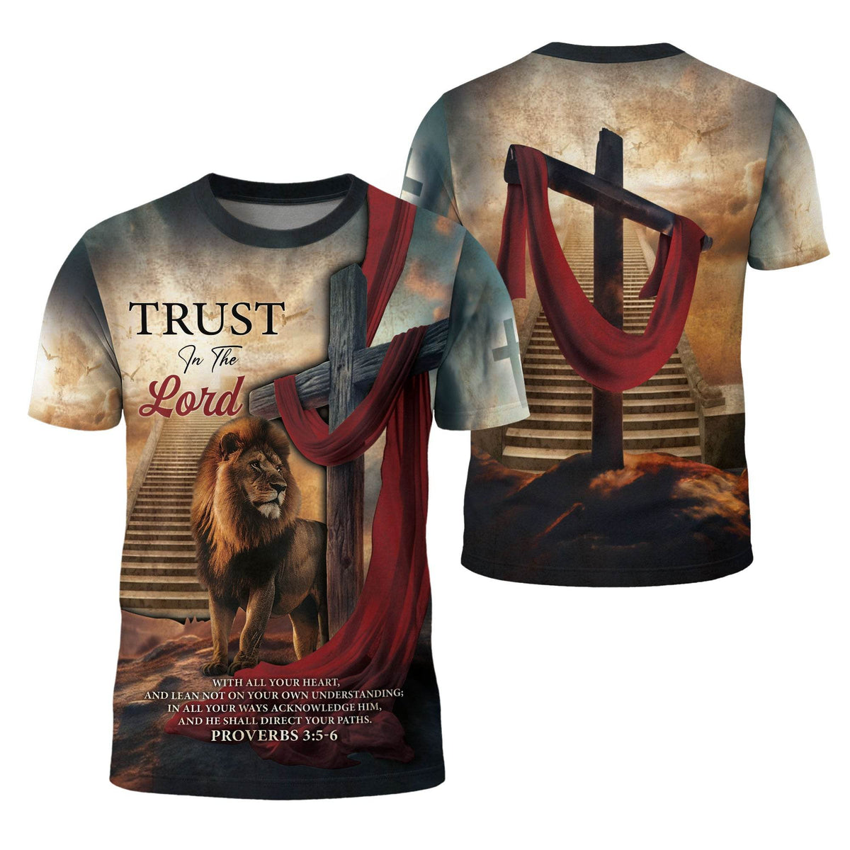 Trust In The Lord Majestic Lion And Red Sash Cross T-Shirt