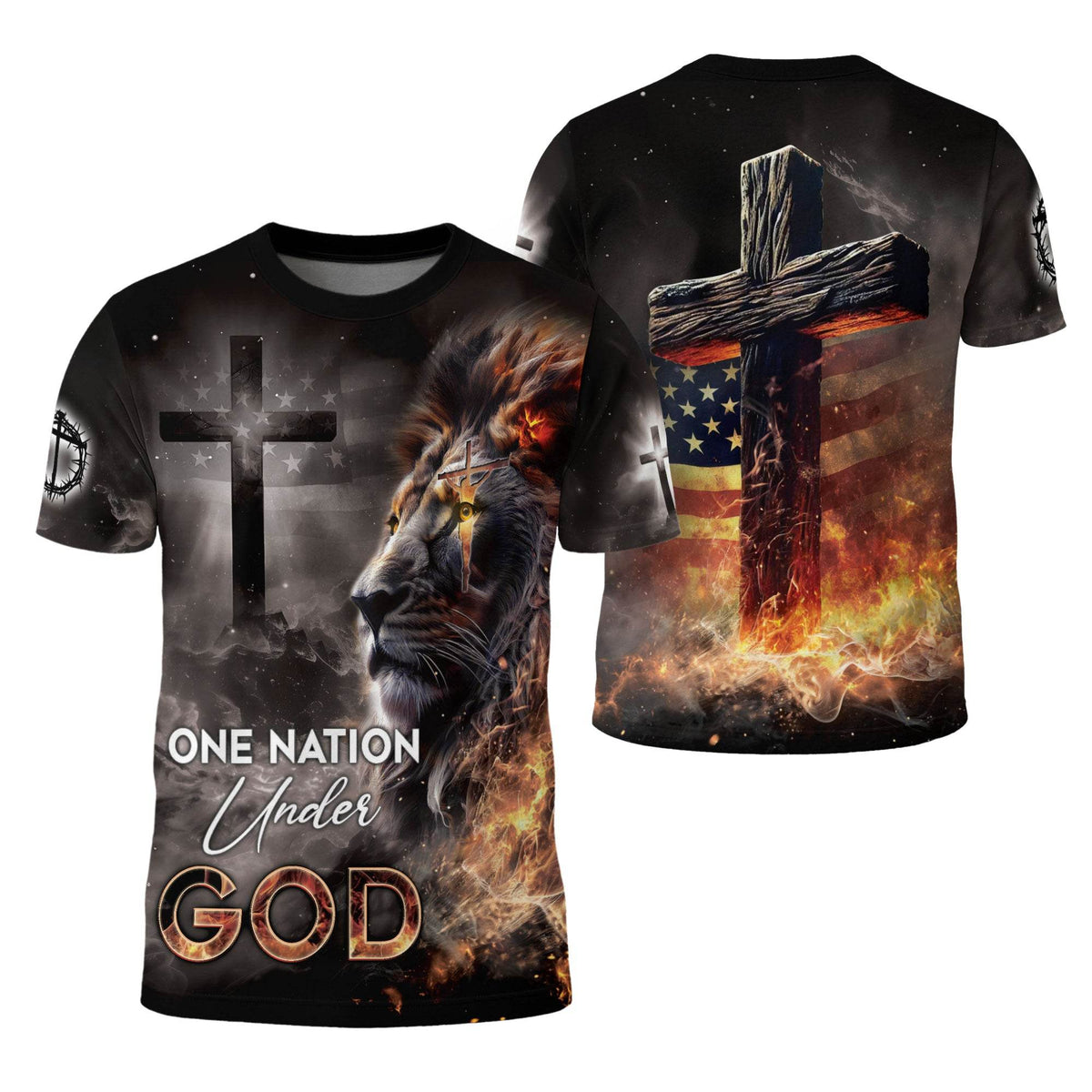 One Nation Under God Fiery Lion Cross Christian T-Shirt