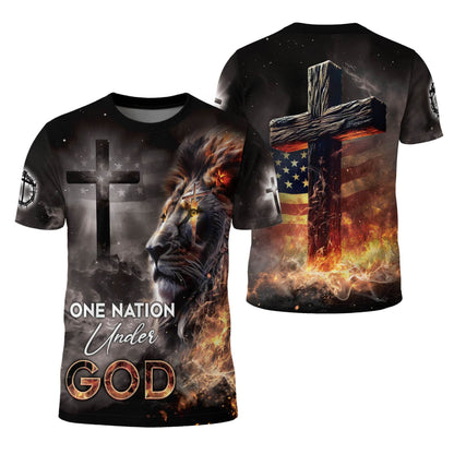 One Nation Under God Fiery Lion Cross Christian T-Shirt