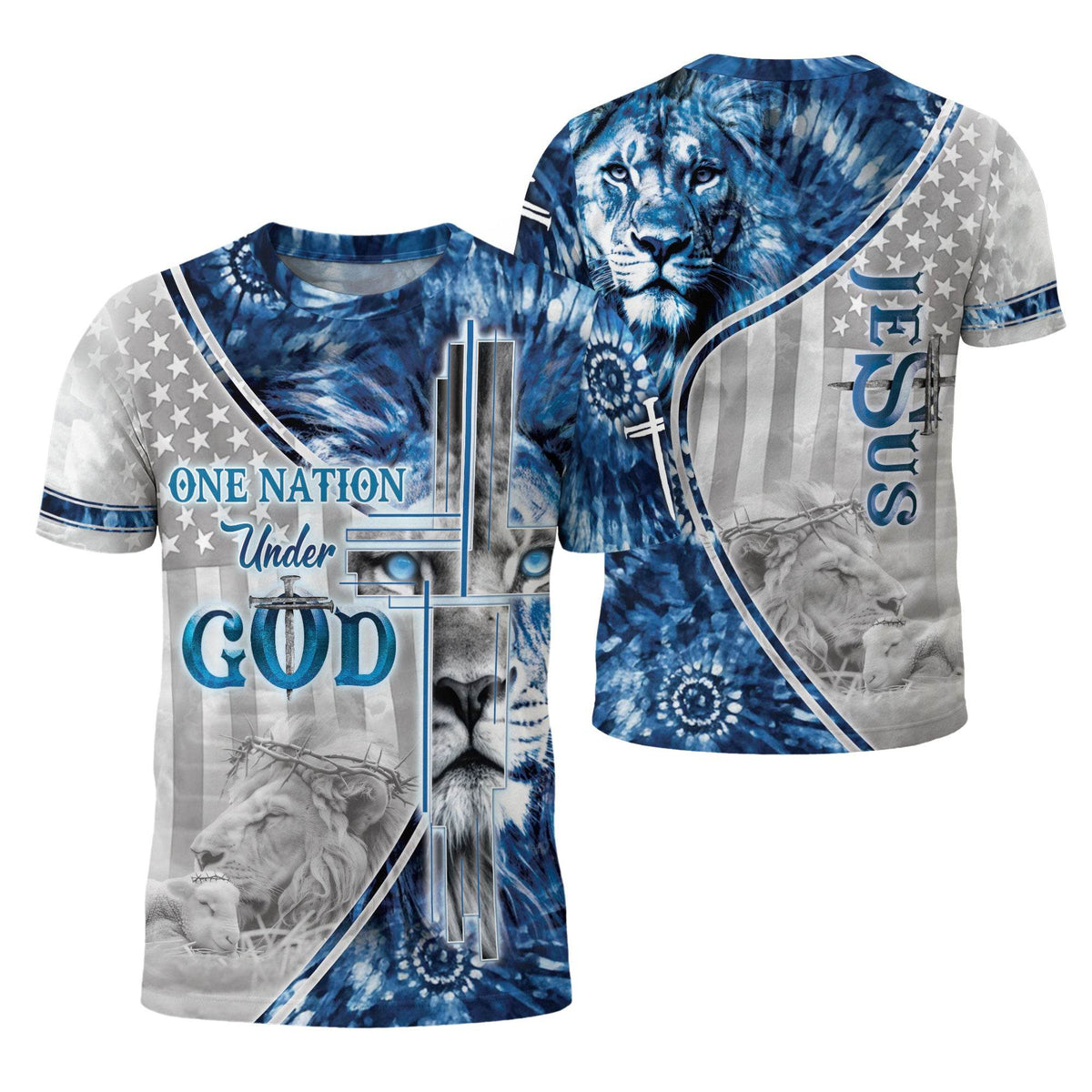 One Nation Under God Blue Lion Cross Christian T-Shirt
