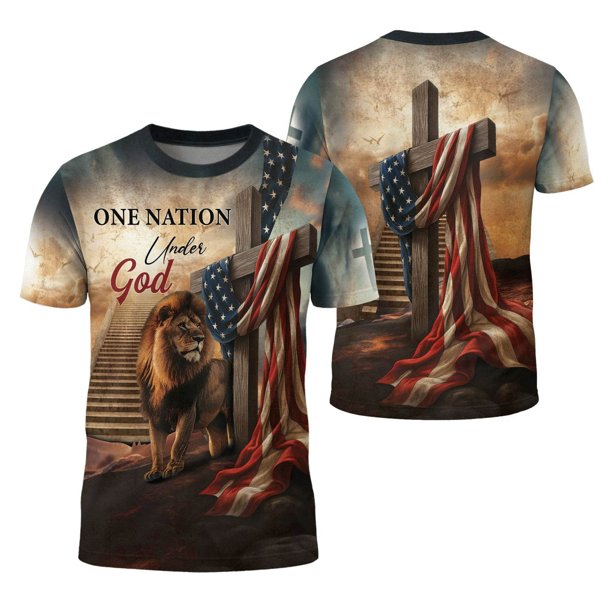 One Nation Under God Lion Cross Heaven Stairs T-Shirt