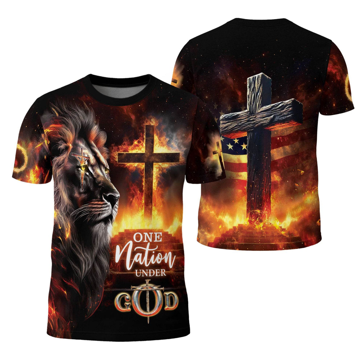 One Nation Under God Fire Cross Lion Christian T-Shirt