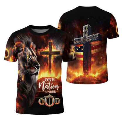 One Nation Under God Fire Cross Lion Christian T-Shirt