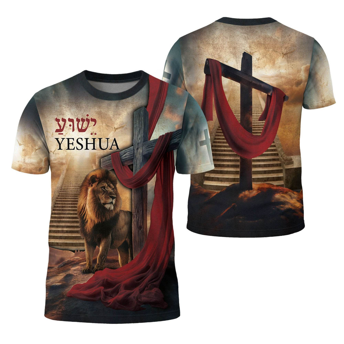 Yeshua Lion of Judah with Cross & Red Cloth Christian T-Shirt