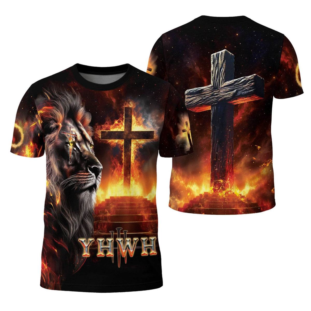YHWH Fiery Lion of Judah & Burning Cross Christian T-Shirt