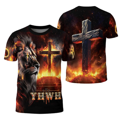 YHWH Fiery Lion of Judah & Burning Cross Christian T-Shirt