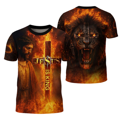 Jesus Is King Cross and Lion Fire Art T-Shirt