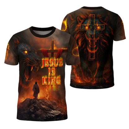 Jesus Is King With Fiery Lion And Cross T-Shirt